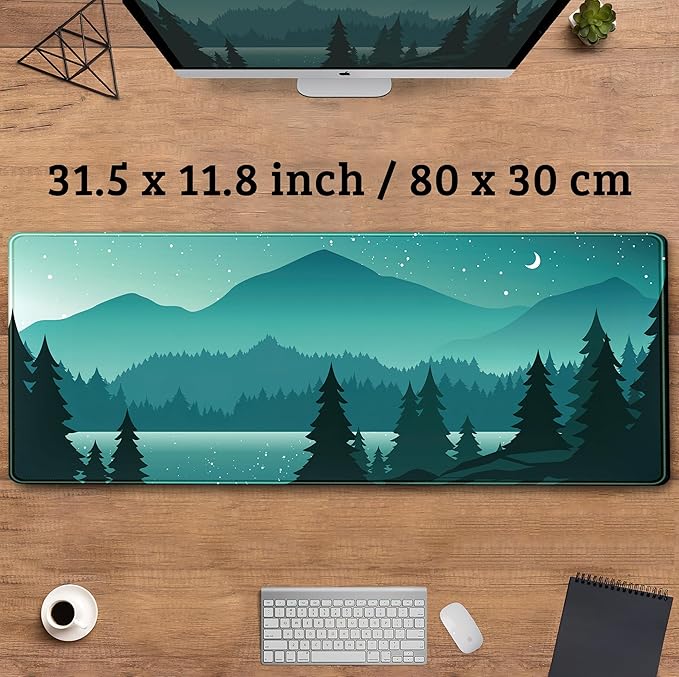 Aesthetics Sunset Mountains Green Desk Mat Mousepad, XL Large Gaming Mouse Pad, Cute Anime Moon Desk Pad Mouse Mat Girl Women Office Desk Decor Laptop Keyboard Mat with Stitched Edges 31.5''x11.8''