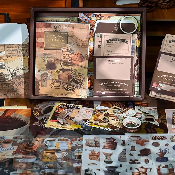 Funto Scrapbooking Kit(123 PCS), Vintage Collection-Coffee Bazaar, Perfect for Bullet Scrapbooking Materials, Planner DIY Arts Craft Collage