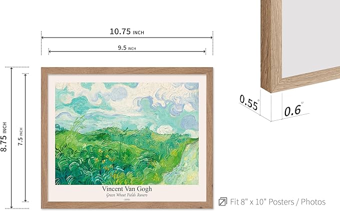 Monem Art Vintage Van Gogh Poster - Retro Green Wheat Fields Auvers Print - Impressionism Art - Fine Art - Landscape Art - Classic Painting Art - Great Living Room Decor - 8x10 Beige Framed