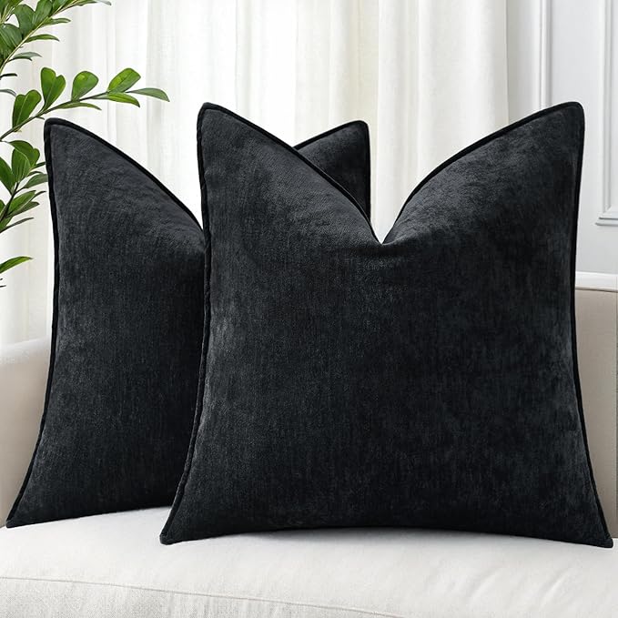 decorUhome Spring Couch Euro Sham Throw Pillow Covers 22x22 Set of 2, Decorative Soft Velvet Neutral Chenille Pillow Covers with Elegant Design for Sofa Bed Living Room Home Decor, Black