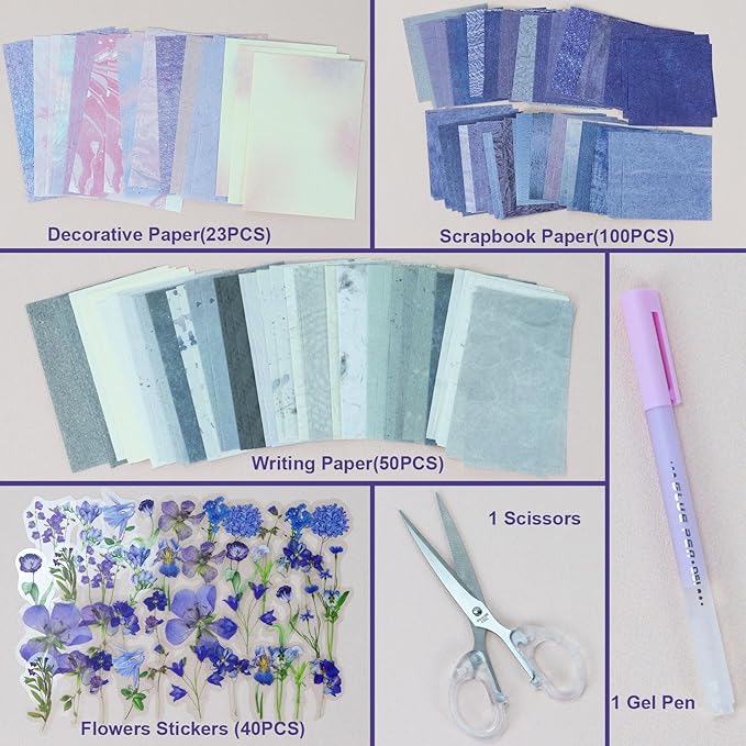 Koqye 215PCS Aesthetic Scrapbook Paper Pack, Junk Journal Supplies Starter Kit with Floral Stickers, Scissor, Quick Dry Glue Pen, Scrapbook Kit for Planner DIY Arts Craft Collage(Mystic Amethyst)