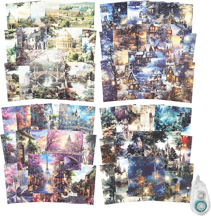 160Pcs Vintage Fantasy Scrapbook Paper, Building Ephemera Pack for Journaling and Junk Journal Supplies, Scrapbooking Kit with Glue Tape