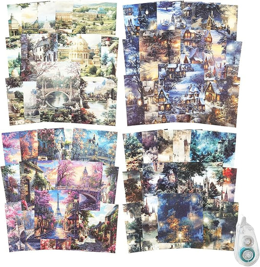 160Pcs Vintage Fantasy Scrapbook Paper, Building Ephemera Pack for Journaling and Junk Journal Supplies, Scrapbooking Kit with Glue Tape