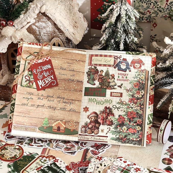 Christmas Scrapbooking Supplies Kit, Aesthetic New Year Festival Scrapbook Kits for Bullet Junk Journal, Stationery, Notebook, DIY Cute Journaling Supplies, Craft Christma Gift for Teen Girl Kid Women