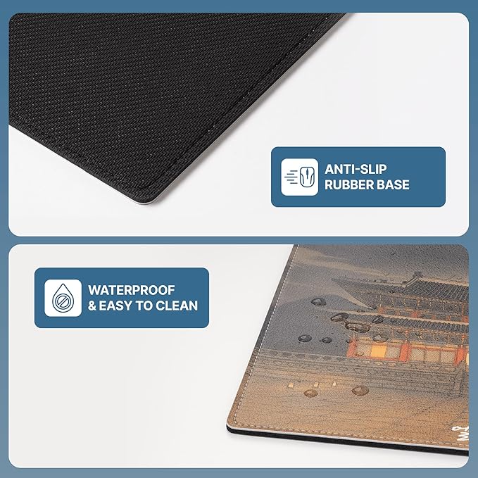 Mouse Pad Office Desk Accessories – PU Leather Mouse Pads for Desk – Anti-Slip Rubber Base with Stitched Edges – Unique Korean Palace Design Computer Pad - 11 x 8.7 inches
