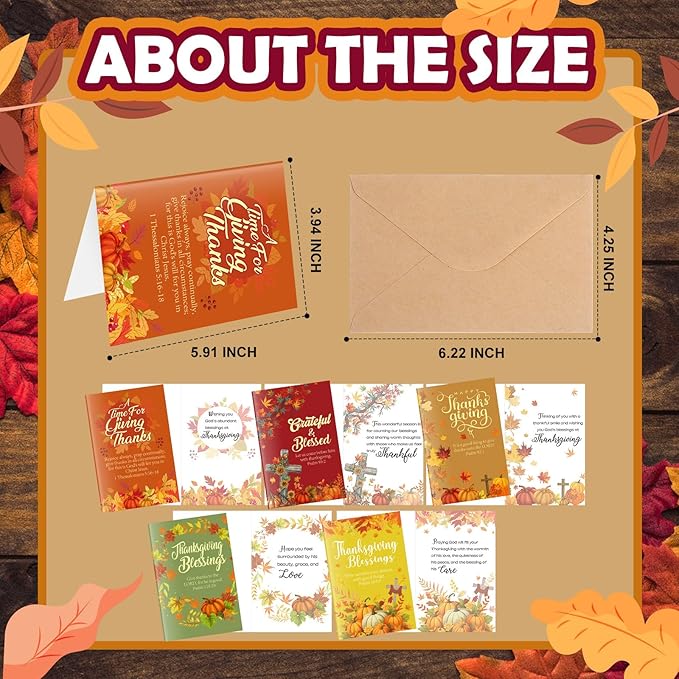 100 Sets Thanksgiving Greeting Cards with Envelopes Religious Cards with Bible Verses Pumpkin Thank You Bulk Kraft Envelopes for Fall Autumn Thanksgiving Party Supplies, 4 x 6 Inch