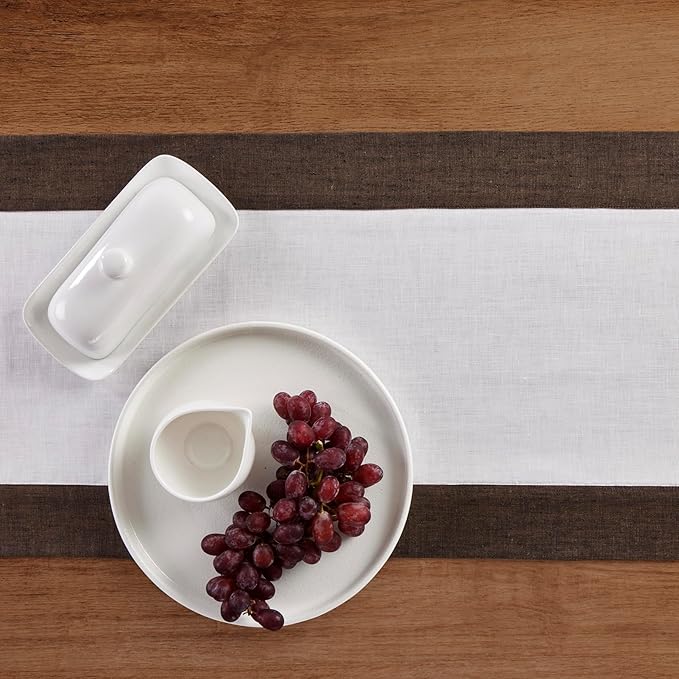 Solino Home Linen Table Runner 108 Inches Long - Chambray Brown and White 100% Pure Linen 14 x 108 Inch Table Runner for Dining - Contempo