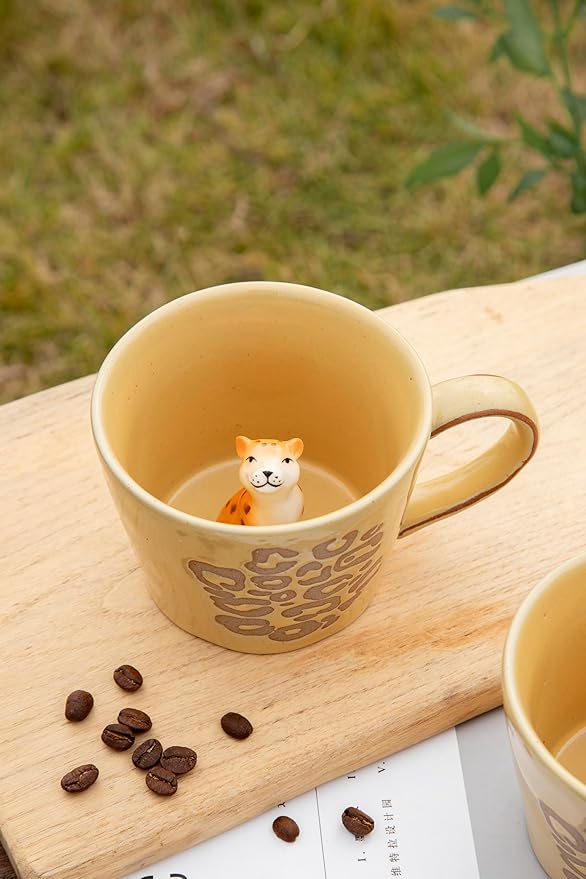 DIHOclub Leopard Coffee Cup Ceramic 3D Wild Animal Inside Mug,Cute Cartoon Handmade Figurine Mugs,Holiday and Birthday Gift for Coffee Milk Tea Lovers,12 OZ (Yellow Leopard)
