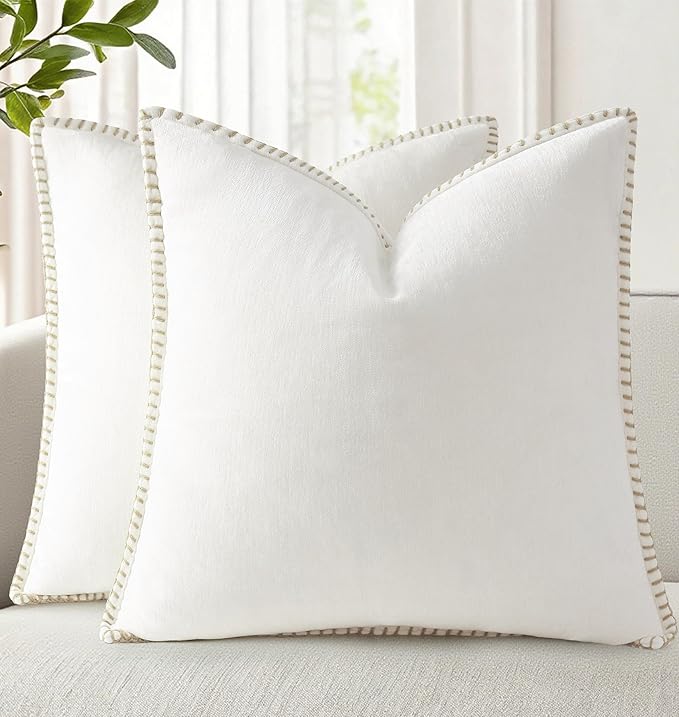 decorUhome Spring Chenille Soft Throw Pillow Covers 18x18 Set of 2, Farmhouse Velvet Neutral Decorative Pillow Covers with Stitched Edge for Couch Sofa Bed Home Decor, Cream White