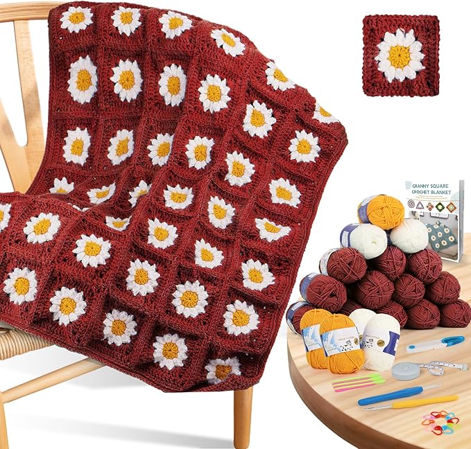 Coopay Crochet Kit Beginners for Blanket, Granny Squares Crochet Blanket Kit with Instructions & Enough Yarn, Complete Crocheting Starter Set Easy Learn to Knitting Blanket for Adults (Roman Red)