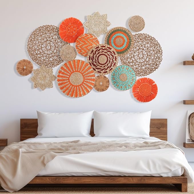 Anglechic 15 Pcs Boho Wall Basket Decor Woven Rattan Seagrass Wall Decor Hanging Rustic Farmhouse Western Art Decoration for Nursery Living Room Bedroom Home Kitchen(Orange Style)