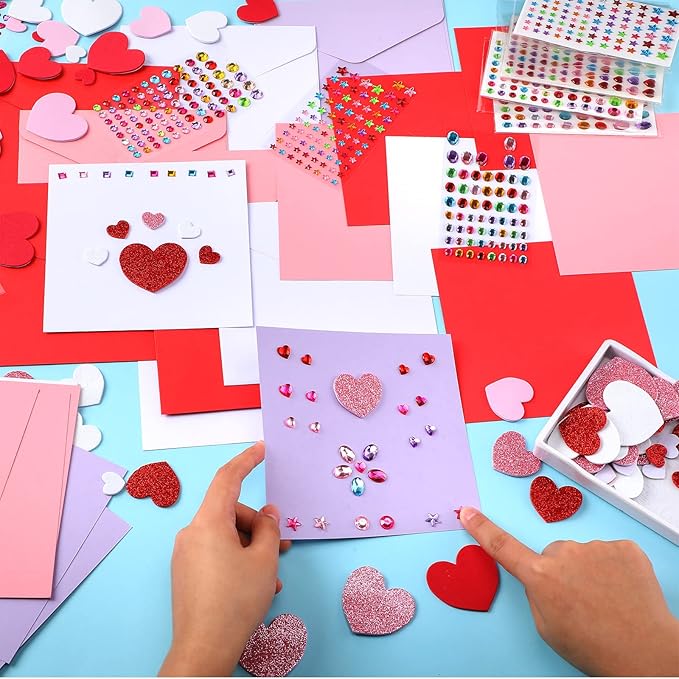 Tinlade 20 Pack Valentines Crafts Valentines's Day DIY Card Making Kit for Kids with 20 Cards 20 Envelopes 120 Foam Heart Stickers 10 Sheets Diamond Stickers for Boys Girls Classroom Exchange Gift