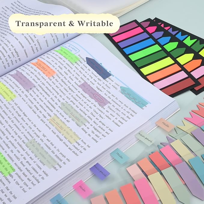 Temiary 1200 Pieces Transparent Sticky Index Tabs, Page Markers for Annotating, Translucent Morandi Arrow Flag Tab for Bookmarks Bible Tabs Notebook School Supplies