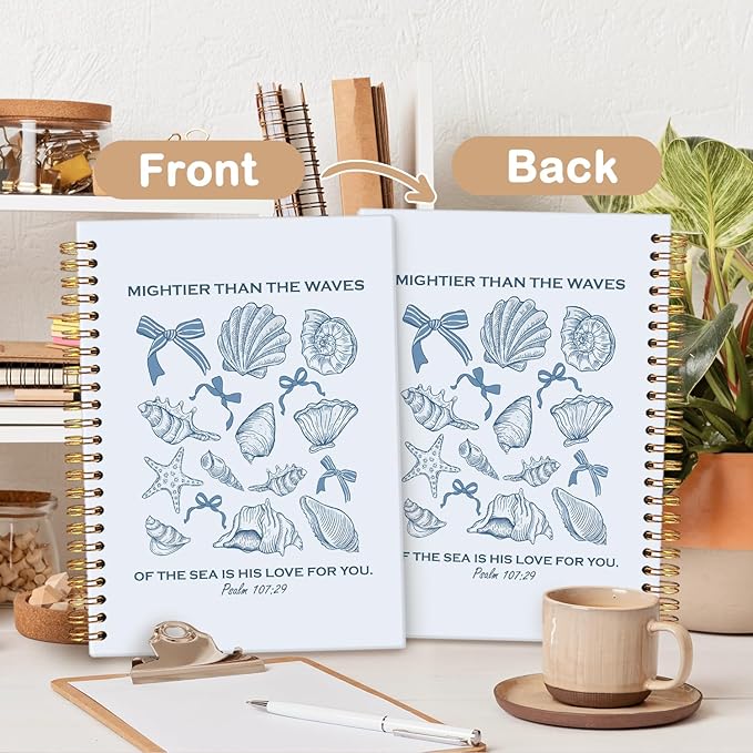 MOFUYU Bible Journal for Women,Blue Coquette Notebook for Girls, Aesthetic Stationery Gift, Cute Beach Seashell,Christian Spiral Notepad A5,Ocean Vibes Writing Journal for Teens Women 5.5x8.3 Inch