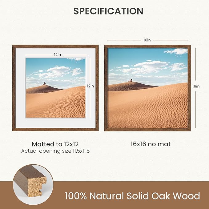 Dreamland 16x16 Picture Frame, 16 x 16 Square Photo Frame with Mat for 12x12, Natural Oak Wood Matted Picture Frames with Tempered Real Glass for Wall Art Photo and Prints, Walnut Color, Set of 3