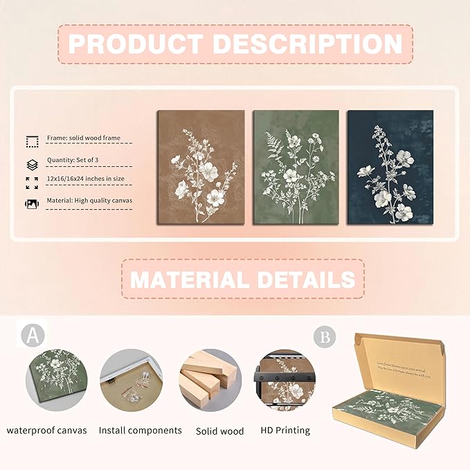 Framed Boho Canvas Wall Art Set of 3, Minimalist Botanical Picture Wall Decor Painting, Vintage Floral Rustic Farmhouse Posters Prints for Living Room Bedroom Bathroom Home Decor 12x16In