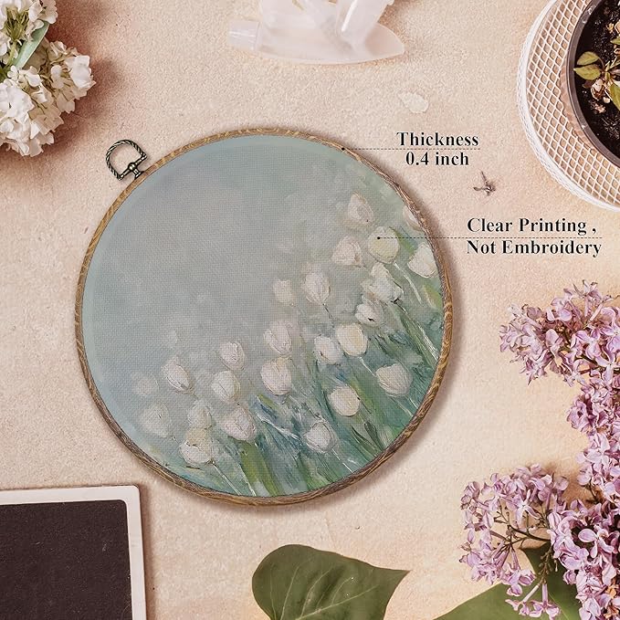 FUGWN Vintage Tulip Floral Round Wall Art Decor Framed, Retro Cottagecore White Tulip Flower Botanical Canvas Artwork Prints, Floral Wall Hanging Decorations for Home Bedroom Living Room, 10x10 Inch