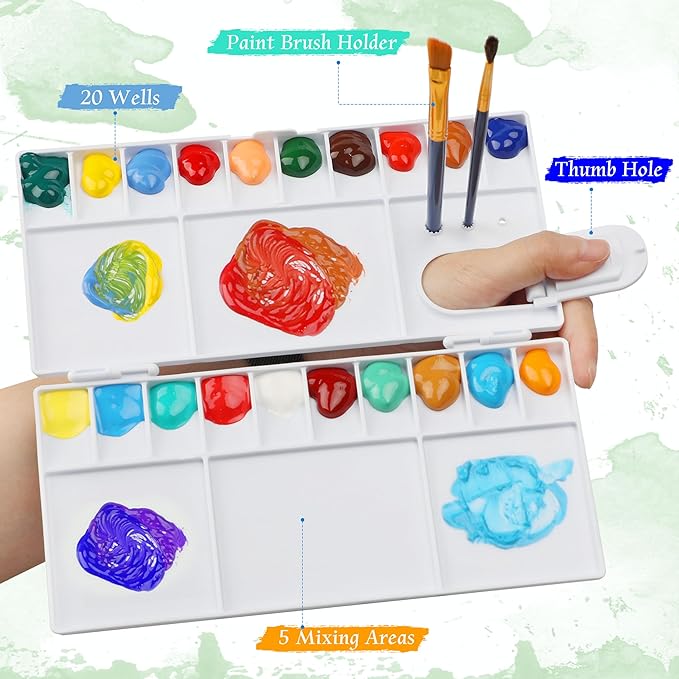Watercolor Palette, Halobios Paint Palette with 20-Well and 5 Mixing Areas, Folding Paint Tray with Thumbhole and Paint Brush Holder, Plastic Painting Palette for Kids Beginners Artists(1 Pack)