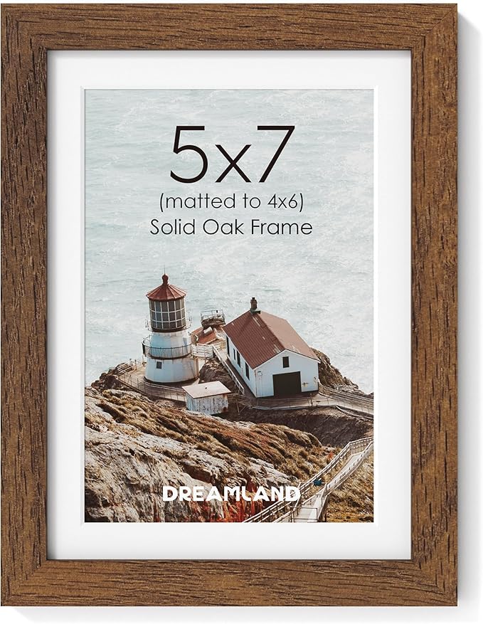 Dreamland 5x7 Picture Frame, Solid Oak Wood Photo Frame with Mat for 4x6, 5 x 7 Matted Picture Frames with Resistant Plexiglass for Wall Mounting or Tabletop, Walnut Color, Set of 1