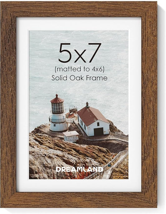 Dreamland 5x7 Picture Frame, Solid Oak Wood Photo Frame with Mat for 4x6, 5 x 7 Matted Picture Frames with Resistant Plexiglass for Wall Mounting or Tabletop, Walnut Color, Set of 1