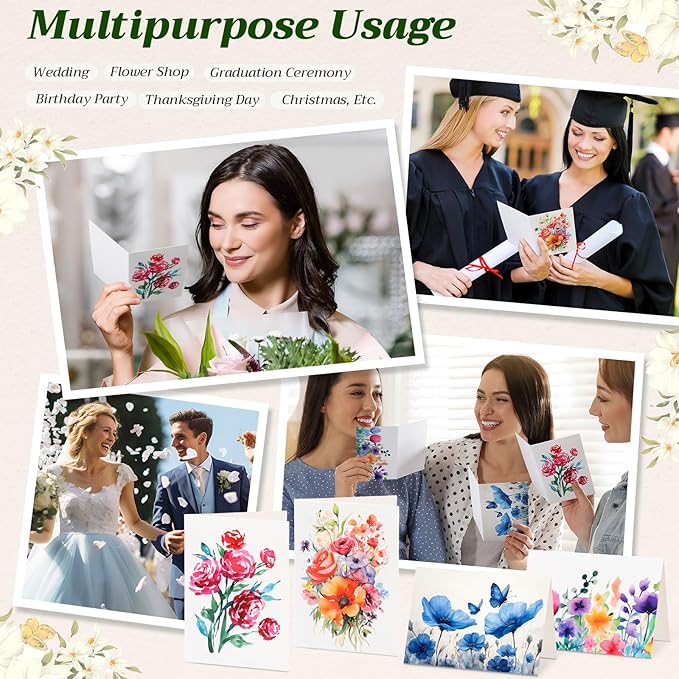 Gueevin 96 Pcs Painted Flowers Blank Cards & Notes Assortment with Envelopes and Stickers 3.5 x 5 Inch Watercolor Florals Blank Greeting Cards for Wedding, Party, Business, Invitations, Graduation