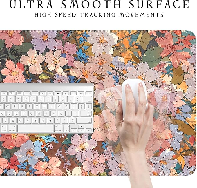 Floral Desk Mat for Women, Pastel Aesthetic Large Mouse Pad, XXL Desk Pad, Non-Slip Gaming Pad for Study Office Cubicle Decor 31.5x15.7in