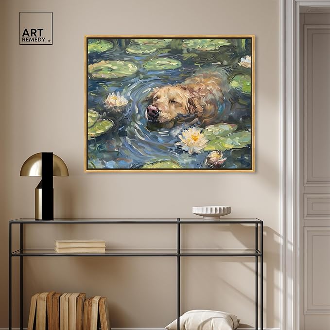 Art Remedy Monet Water Lilies Dog Rustic Chic Farmhouse Canvas Wall Art, Gold Floater Frame, 36"x30"