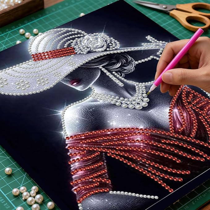 DIY Pearl Painting Kit with Wooden Frame, 3D Plastic Pearl Gemstone Ocean Art Craft for Adults Beginners, Diamond Art Kits for Adults, Home Wall Decor Ready Gift for Women(Woman in Red Dress)(30*30cm)