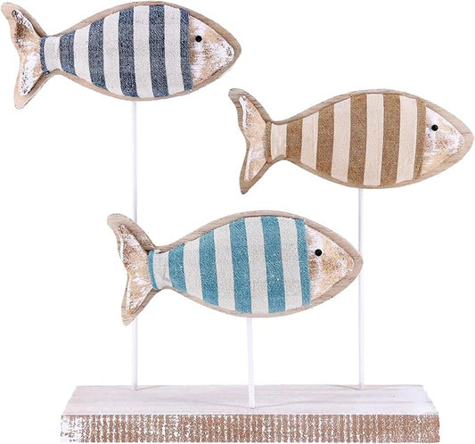 NAUTIMALL Wooden Fish Figurines with Jute Rope and Cotton String, Fish Sculpture Statues for Home Decoration, Table Top Nautical Decor for Living Room, Bedroom, Beachhouse Home Decor (StripedFish-3)