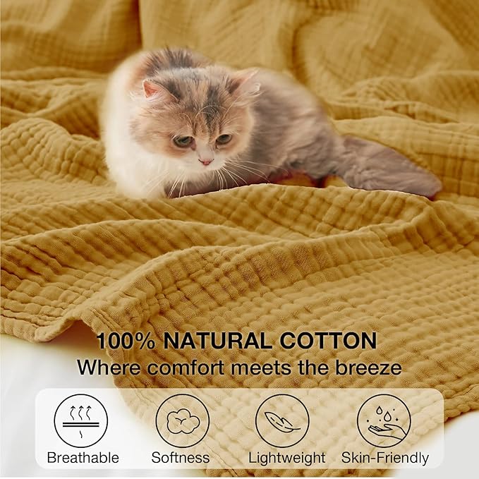 100% Cotton Muslin Blanket King 108" x 90", 6 Layers Breathable and Lightweight Cotton Throw Blankets for Bed, Soft Cooling Summer Gauze Blanket for Adults All Season, Mustard
