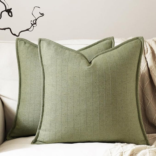 16x16 Linen Pillow Covers Sage Green Pack of 2 Farmhouse Boho Neutral Accents Striped Textured Square Decorative Throw Pillow Cases for Living Room Couch Bed Home Decor