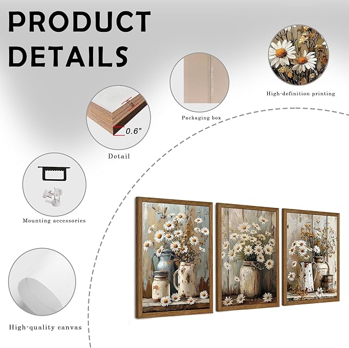 InspiredHues 3 Piece Elegant Farmhouse Canvas Wall Art, Vintage Floral Pictures Wall Decor, Nature Themed Daisy Artwork Prints for Living Room Bedroom Kitchen Home Decoration 16x24 Inch Wood Framed