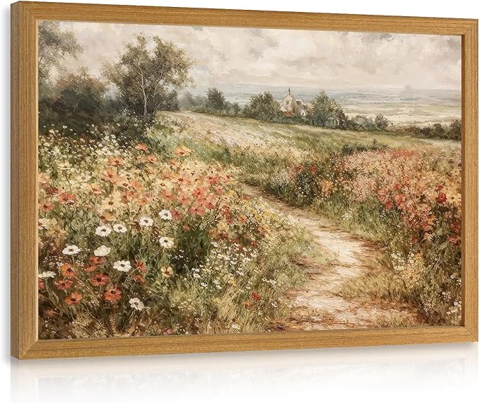 LLEEMPI Vintage Wildflower Wall Art, Country Botanical Wall Decor, Floral Meadow Nature Canvas Painting, Rustic Farmhouse Poster Print for Living Room Bedroom Bathroom Office Wood Framed 8x10 Inch