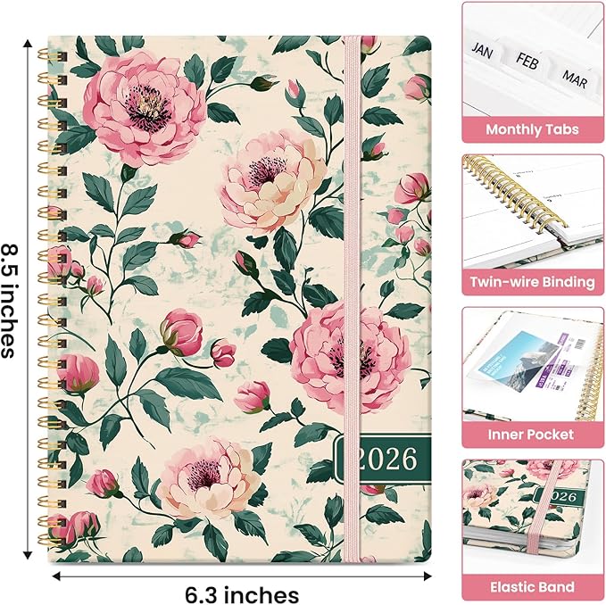 2026 Planner, Weekly and Monthly Calendar Planner for Women, Jan 2026 - Dec 2026, Hardcover Planning Agenda book with Tabs, Spiral Bound, Inner Pocket, Perfect for School Office Supplies, 6.3" x 8.5" - Blush Peony