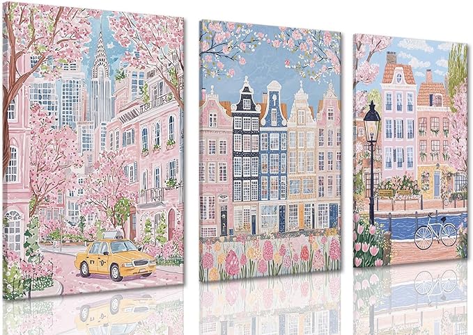 XLARTMY Watercolor City Landscape Travel Wall Art Canvas Framed Pink Cherry Flower Poster Girly Prints Painting Pictures Set of 3 for Bedroom Living Room Office 16x24in