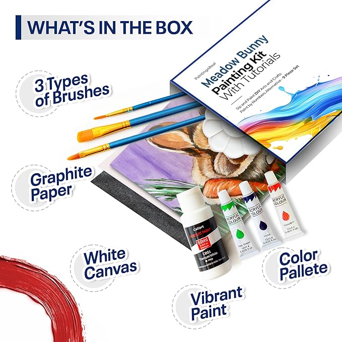 Painting4Real DIY Painting Class Kit for Adults with Video Tutorials: Learn to Paint Meadow Bunny – How to Paint with Acrylics – Painting & Art Supplies – 9 Piece Acrylic Paint Set