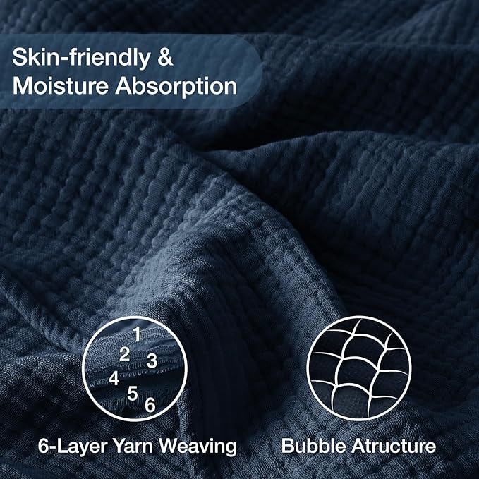 100% Cotton Muslin Blanket Queen 90" x 90", 6 Layers Breathable and Lightweight Cotton Throw Blanket for Bed, Soft Quilt Bedspread Coverlet, Gauze Blanket for Adults All Season, Navy