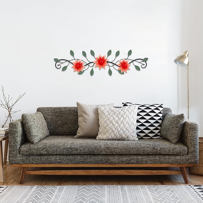 KHJCXS Metal Wall Art Modern Minimalist Metal Flowers Indoor Decor Horizontal Wall Art Iron Artwork,for Over Door,Bedroom,Living Room,Kitchen,Office Scroll Decor(Red)