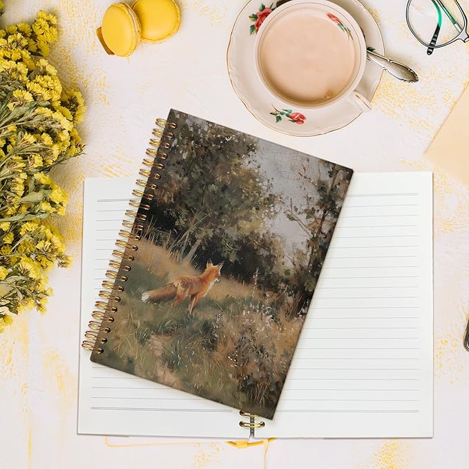 MOFUYU Fox Spiral Notebook Journal,Fox Gifts,Vintage Notebooks for School,College Ruled Hardcover Spiral Notebook Journal for Work Notes Journaling,Fox Journal Gifts 5.5x8.3