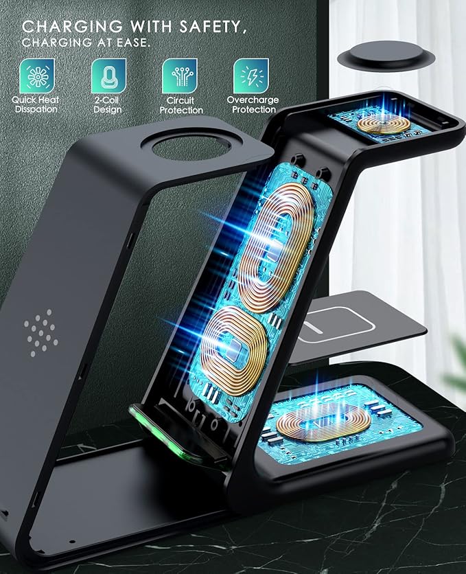 3 in 1 Wireless Charging Station, 2025 Upgraded Fast Desk Charger Station for iPhone 17 16 15 14 13 12 Pro Max Plus, Charger Stand for Apple Watch 10 9 8 7 6 5 4 3 2 SE, Airpods 4 3 2 Pro(Black)