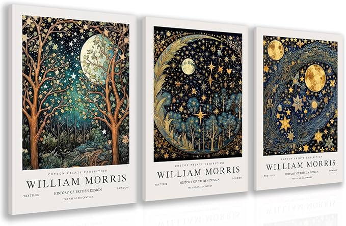 Hianan William Morris Framed Canvas Wall Art, Vintage Gold Moon Stars Poster Prints, Many Dreamlike Stars Wall Decor, Retro Botanical Aesthetic Picture for Bedroom Living Room Office 12"x16"x3