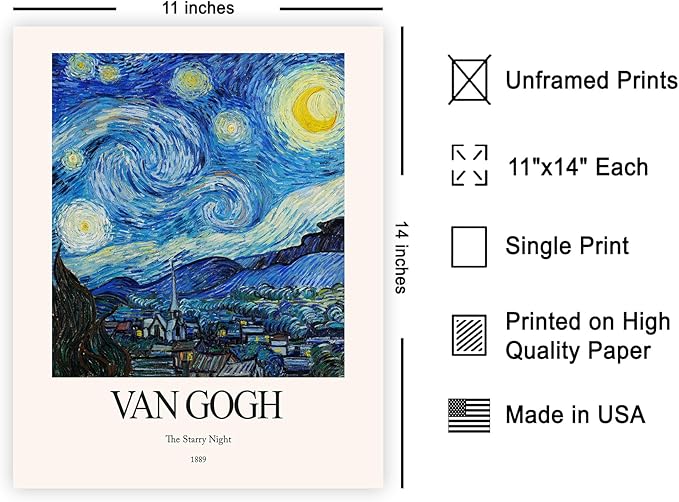 Monem Art Vintage Van Gogh Poster - Retro The Starry Night Print - Impressionism Art - Celestial Art - Gift for Him & Her - Classic Decor for Bedroom, Living Room or Dorm - 11x14 UNFRAMED Wall Art