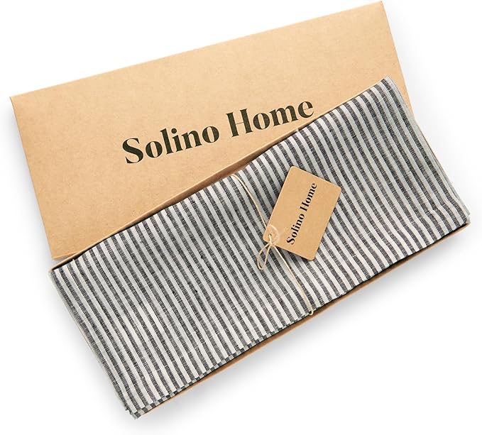 Solino Home Linen Table Runner 60 Inches - Narrow Stripe 100% Pure Linen Black and White Table Runner 14 x 60 Inch Ideal for Dresser and Coffee Tables - Winter, Spring, Easter