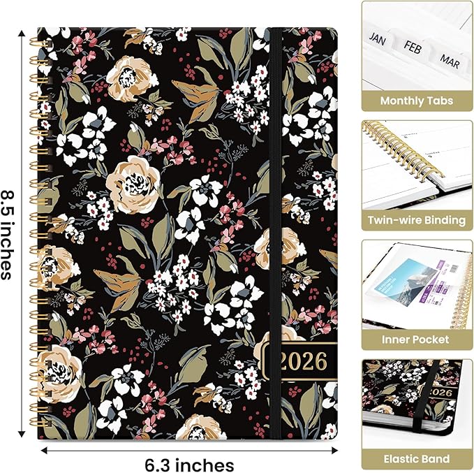 2026 Planner, Weekly and Monthly Calendar Planner for Women, Jan 2026 - Dec 2026, Hardcover Planning Agenda book with Tabs, Spiral Bound, Inner Pocket, Perfect for School Office Supplies, 6.3" x 8.5" - Vintage Blooms