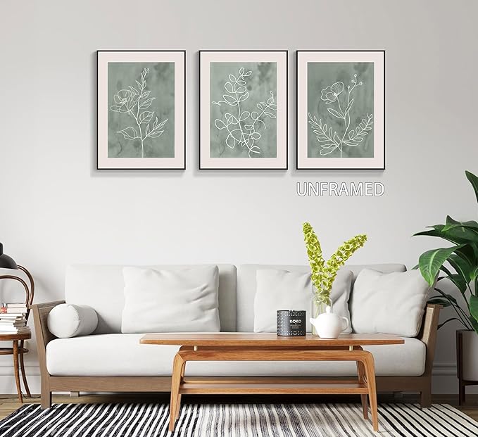 3Pcs Sage Green Botanical Wall Art Line Drawing Floral Canvas Poster Prints Modern Abstract Minimalist Picture Neutral Boho Artwork Simple Painting Wall Decor for Living Room Bedroom 16x24in Unframed