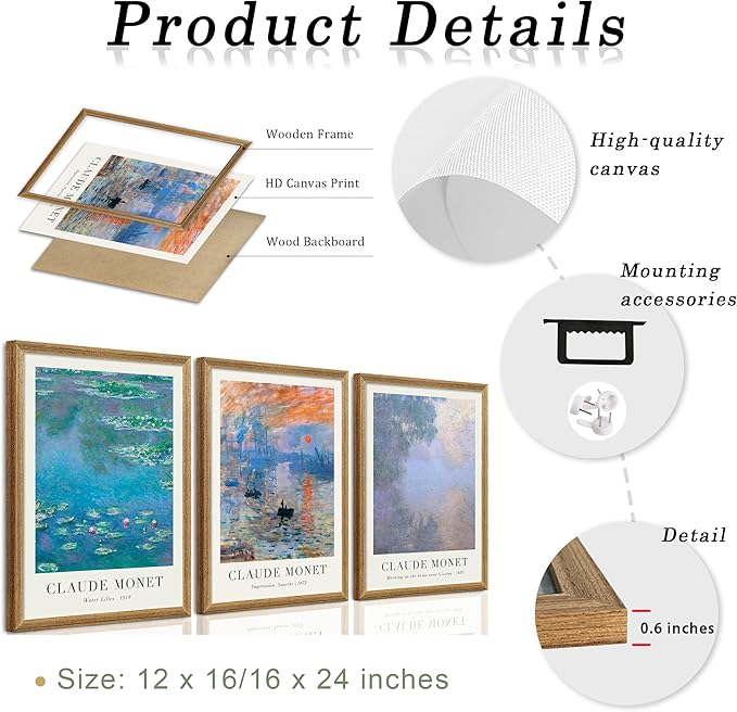 SYWENNOI 3 Pieces Wood Frames Vintage Canvas Wall Art, Claude Monet Impressionism Art Wall Decor, Minimalist Classic Botanical Designs Painting Prints for Living Room Bedroom Offices 16x24 Inch