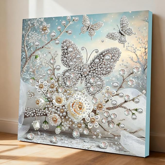 DIY Pearl Painting Kit with Wooden Frame, 3D Plastic Pearl Gemstone Ocean Art Craft for Adults Beginners, Diamond Art Kits for Adults, Home Wall Decor Ready Gift for Women(Butterfly Garden)(30*30cm)