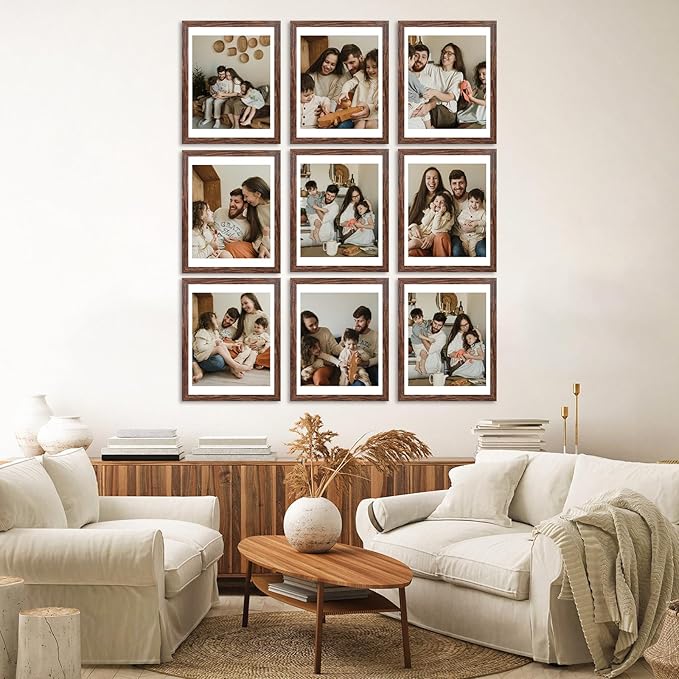 11x14 Picture Frame Set of 9, Photo Gallery Wall Frame Set, Display Pictures 8x10 with Mat or 11 x 14 Without Mat, Multi Photo Frames for Wall Mounting or Table Top Display, Rustic Brown