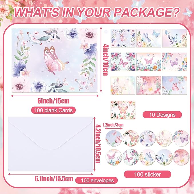 100 Pcs Butterfly Cards with Envelopes 4x6, Blank Note Cards and Envelopes Ideal Stationary Set for Spring Summer Easter, Assorted Butterfly Designs
