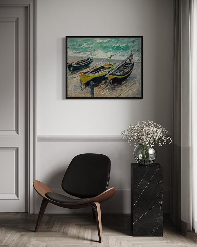 Three Fishing Boats Claude Monet Wall Art Print Poster, Impressionist Painting Wall Art Wall Decor, for Bedroom and Living room Bathroom Decor 115 (Three Fishing Boats, 11 x 14 inches, Black Frame)